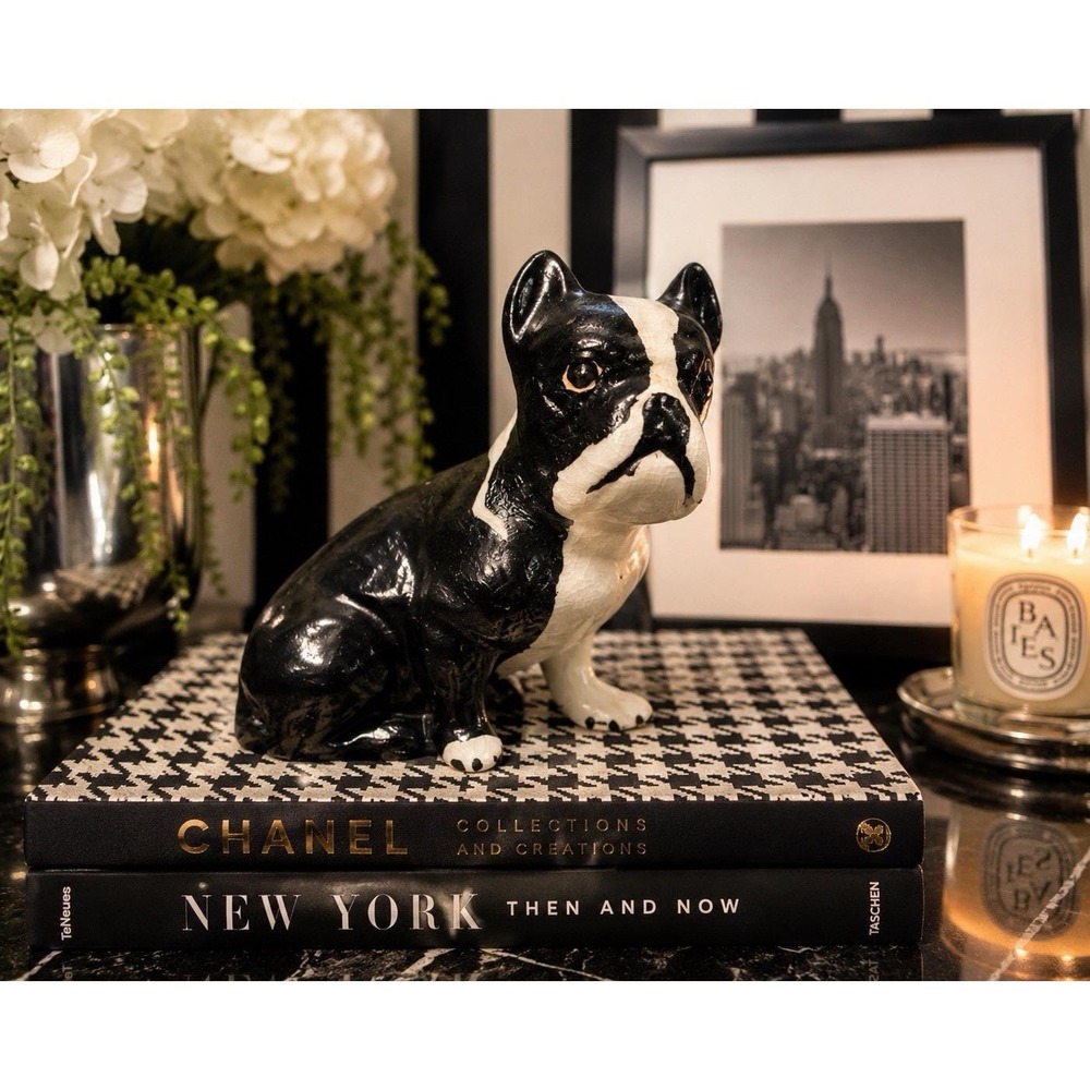 Vintage Boston Terrier Dog Figurine Black White 6" Sitting Puppy Decor